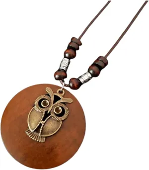 Vintage Wooden Pendant Sweather Necklace Boho Long Pendant Necklaces Feather Leaf Statement Long Rope Sweater Necklace Chain Pendant Necklace for Women