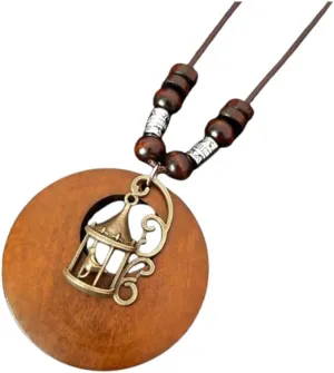 Vintage Wooden Pendant Sweather Necklace Boho Long Pendant Necklaces Feather Leaf Statement Long Rope Sweater Necklace Chain Pendant Necklace for Women