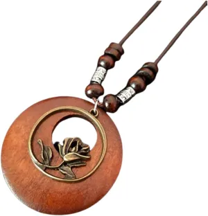 Vintage Wooden Pendant Sweather Necklace Boho Long Pendant Necklaces Feather Leaf Statement Long Rope Sweater Necklace Chain Pendant Necklace for Women