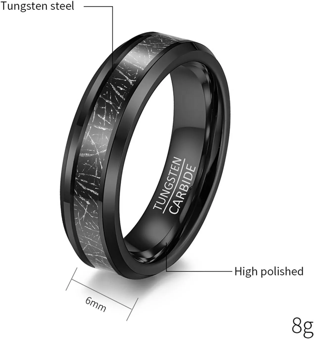 Wedding Ring for Youth Husband, Men Tungsten Carbide Ring 2PCS 6mm 8mm Black Ring Inlay Metal Size Women 6 Men 7 for Couple Promise Jewelry