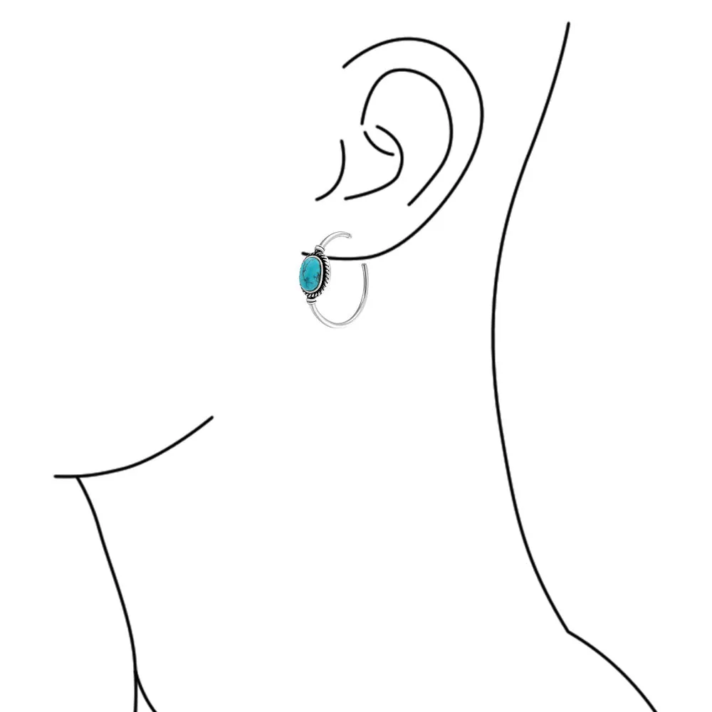 Western Style Oval Blue Turquoise CZ Hoop Earrings Silver Tone 1.25 Inch Diameter