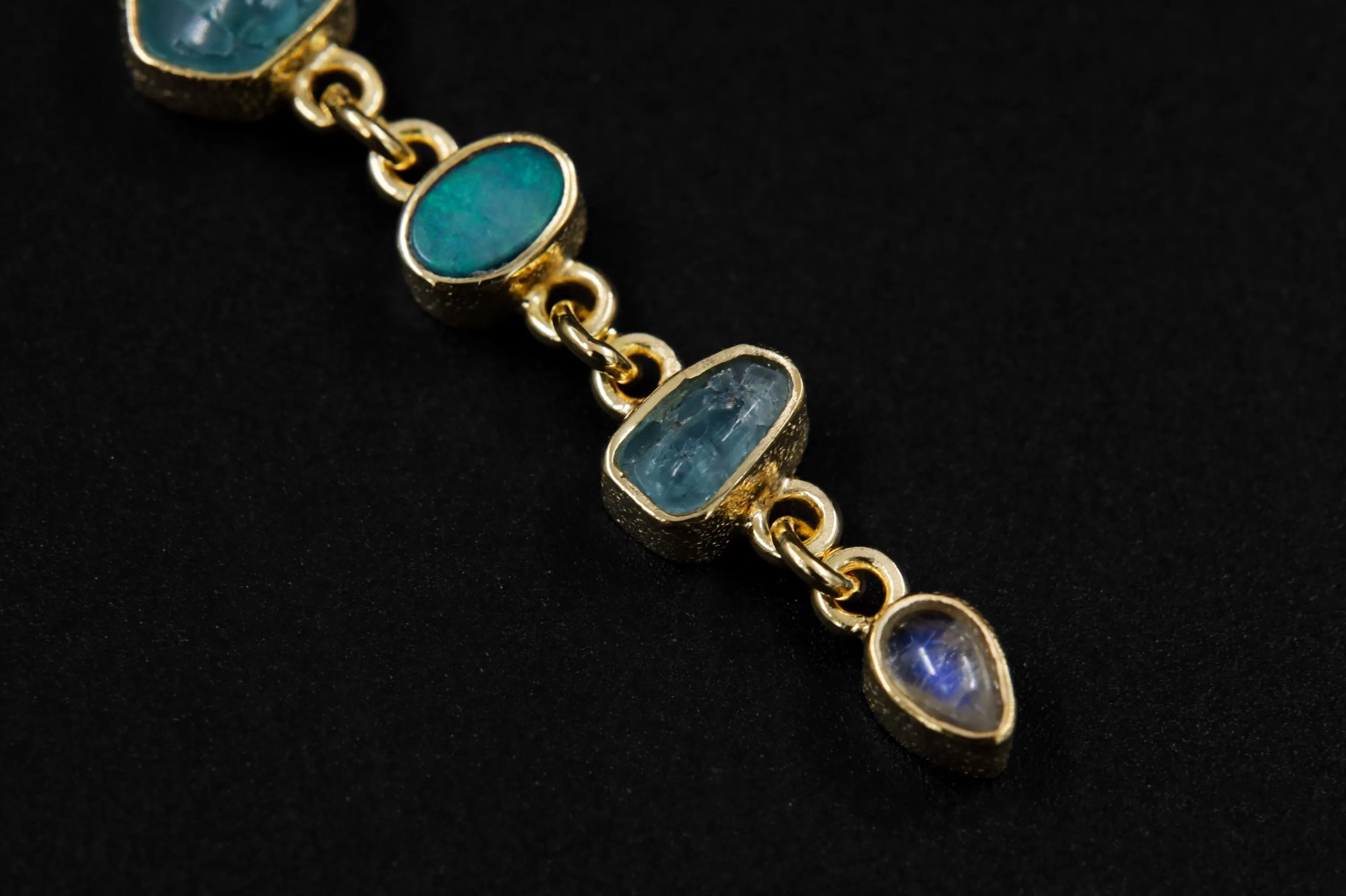White Faceted Zircon, Aquamarine, Australian Opal Doublet & Blue Moonstone Pendant 18k Gold-Plated Sterling Silver, Texture, Unique Gift