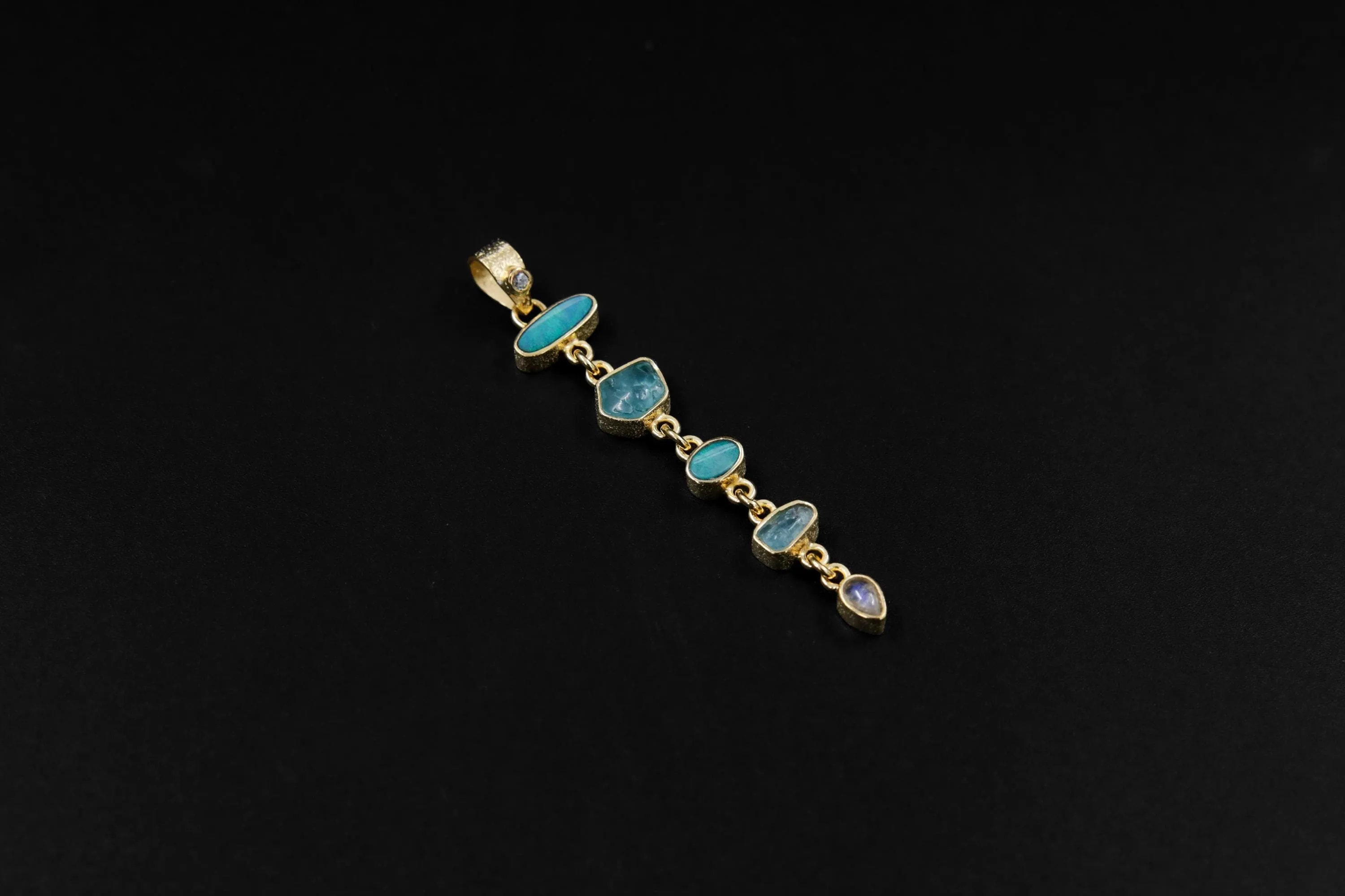 White Faceted Zircon, Aquamarine, Australian Opal Doublet & Blue Moonstone Pendant 18k Gold-Plated Sterling Silver, Texture, Unique Gift