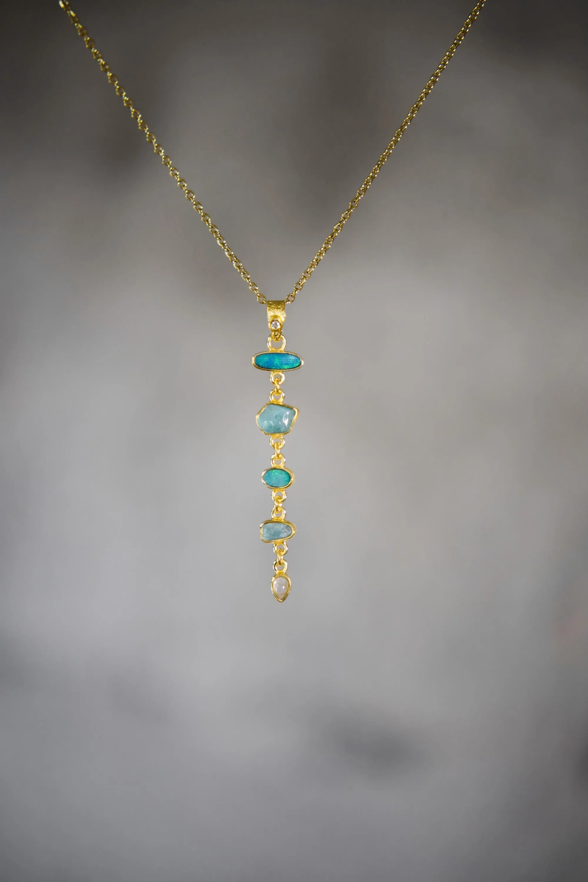 White Faceted Zircon, Aquamarine, Australian Opal Doublet & Blue Moonstone Pendant 18k Gold-Plated Sterling Silver, Texture, Unique Gift