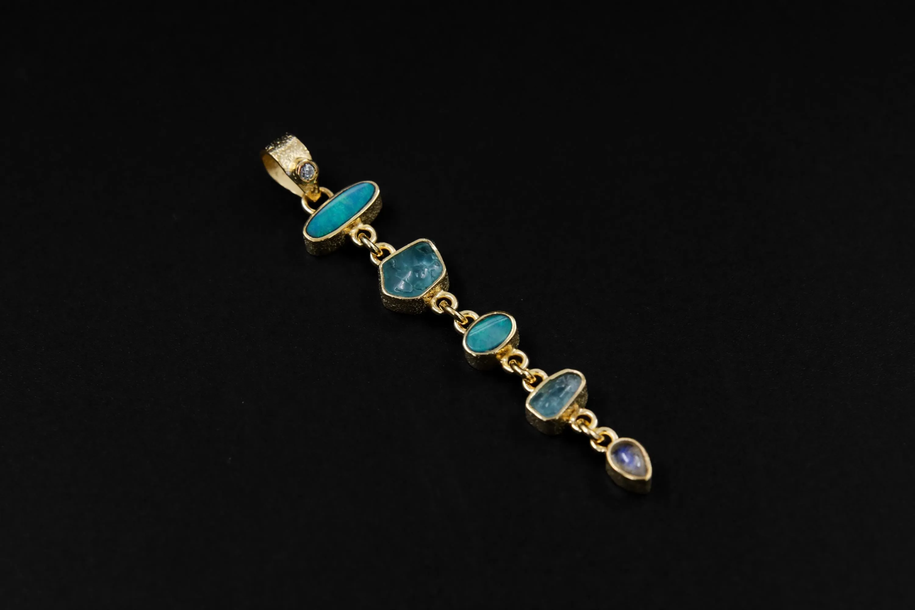 White Faceted Zircon, Aquamarine, Australian Opal Doublet & Blue Moonstone Pendant 18k Gold-Plated Sterling Silver, Texture, Unique Gift