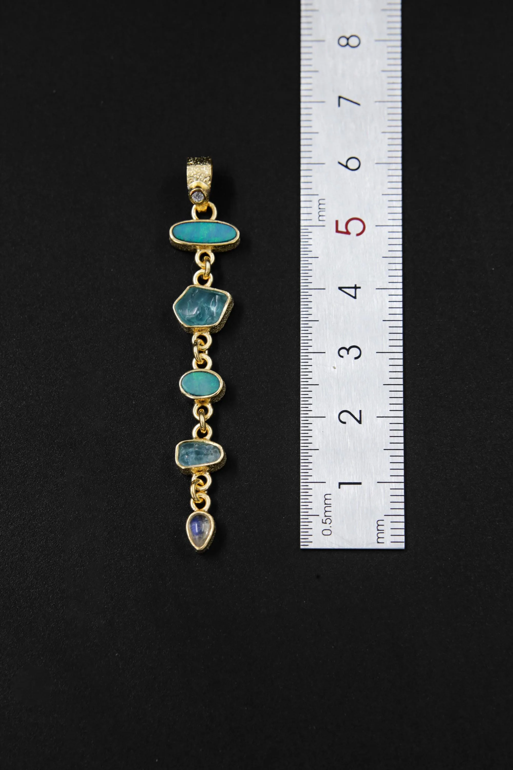 White Faceted Zircon, Aquamarine, Australian Opal Doublet & Blue Moonstone Pendant 18k Gold-Plated Sterling Silver, Texture, Unique Gift