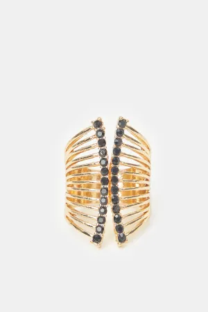 Women Black And Gold Embellished Ring
