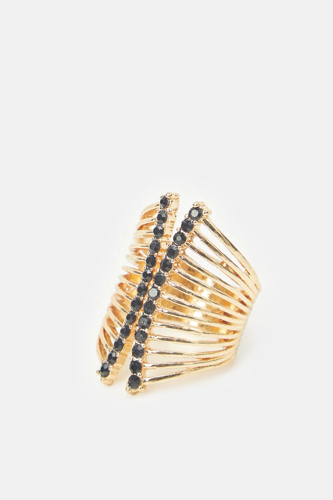 Women Black And Gold Embellished Ring