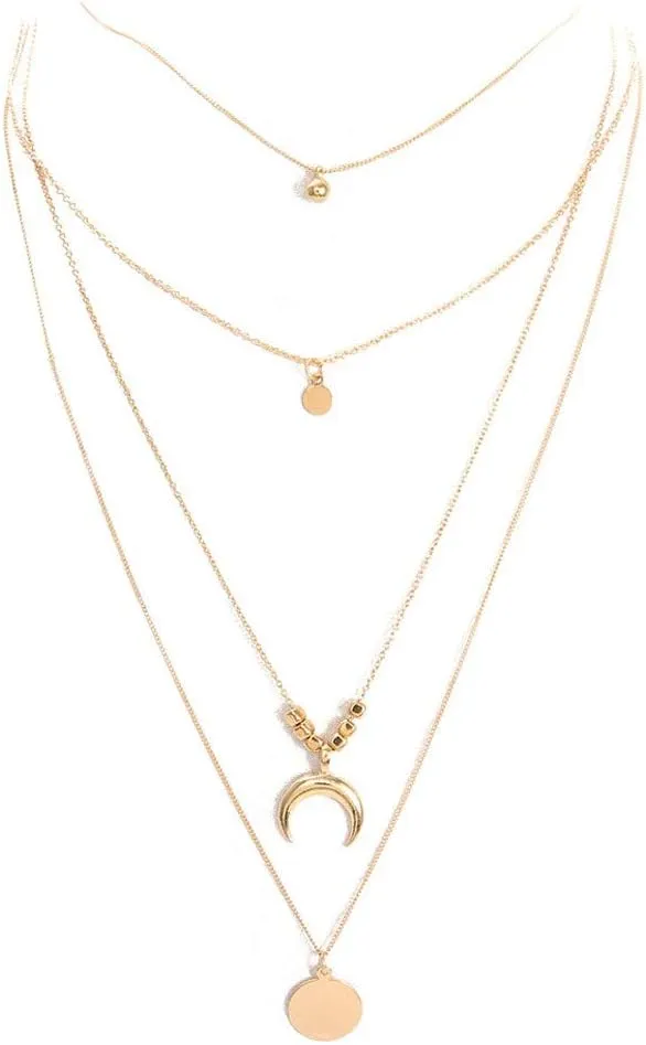 Women Multi Layered Necklace Moon Pendant Necklace Choker Necklaces Jewelry (Gold, One Size)