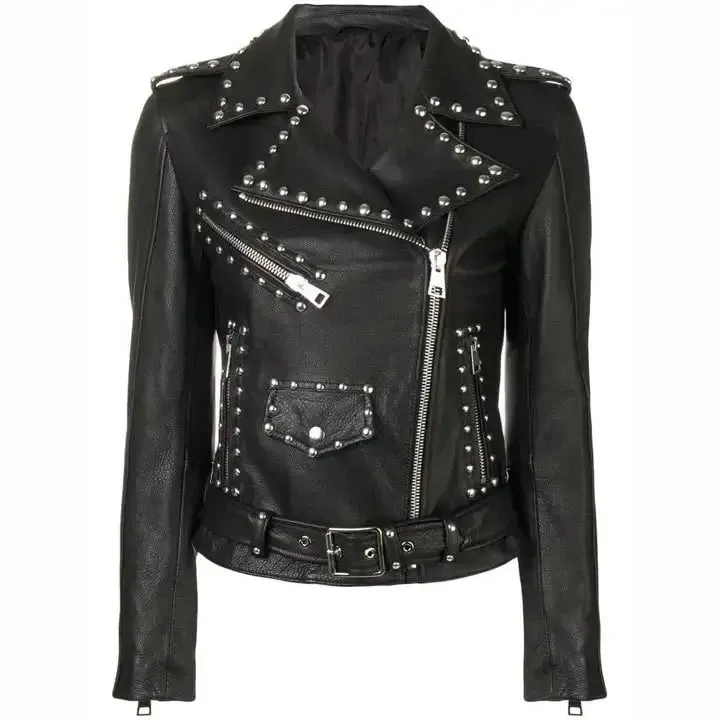 Women's Black Leather Brando Jacket with Silver Studs