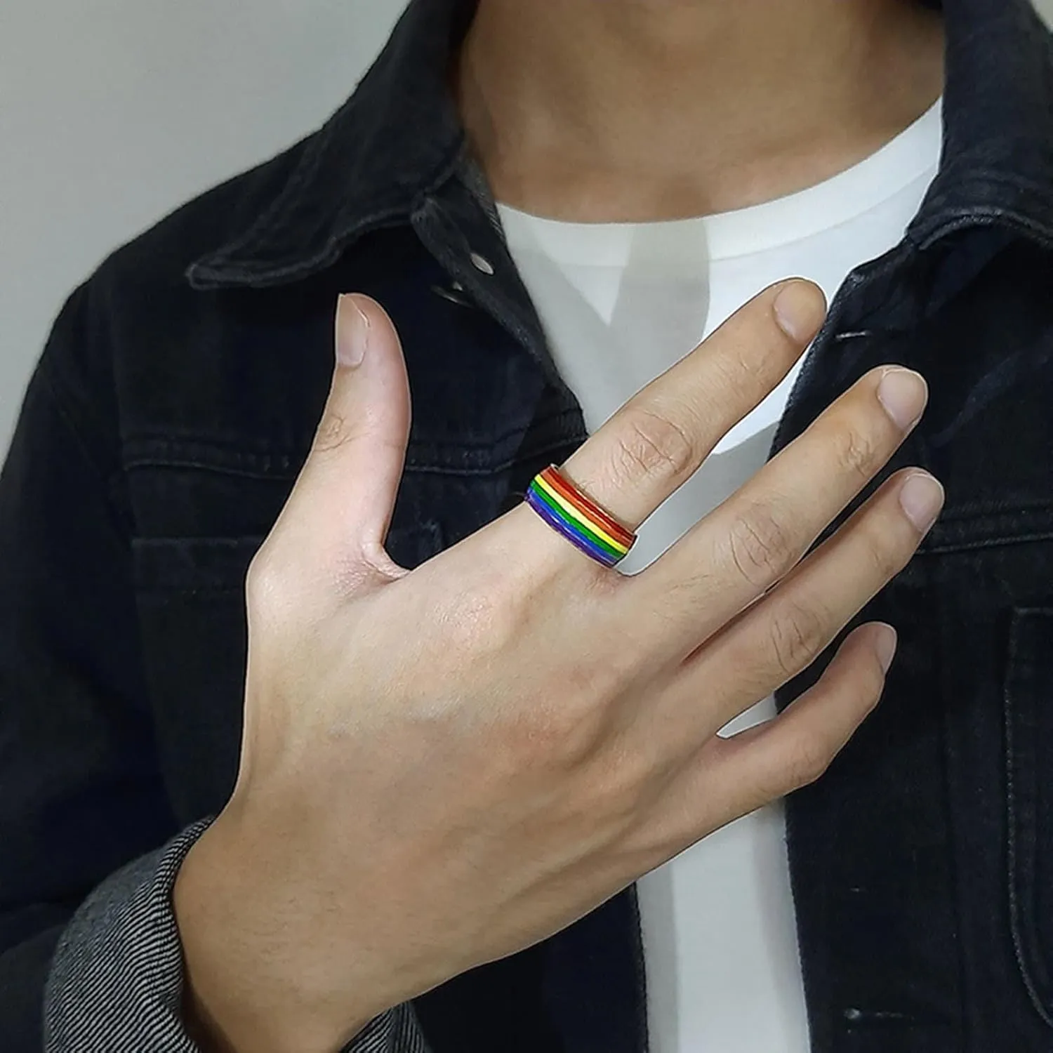 Women's Wedding Rings, Couples Stainless Steel Rings 2PCS Titanium 8mm Gold Lgbt Ring with Rainbow Enamel Size Women 7 Men 7 for Engagement Jewelry