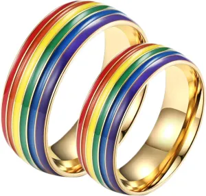 Women's Wedding Rings, Couples Stainless Steel Rings 2PCS Titanium 8mm Gold Lgbt Ring with Rainbow Enamel Size Women 7 Men 7 for Engagement Jewelry
