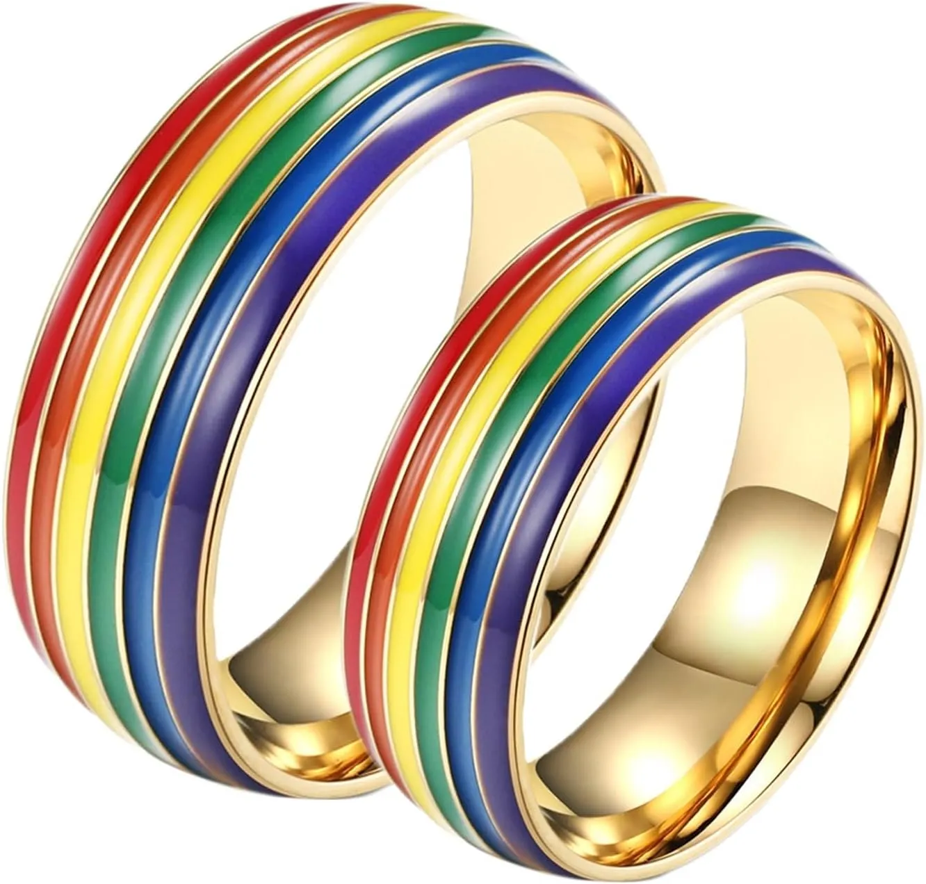 Women's Wedding Rings, Couples Stainless Steel Rings 2PCS Titanium 8mm Gold Lgbt Ring with Rainbow Enamel Size Women 7 Men 7 for Engagement Jewelry