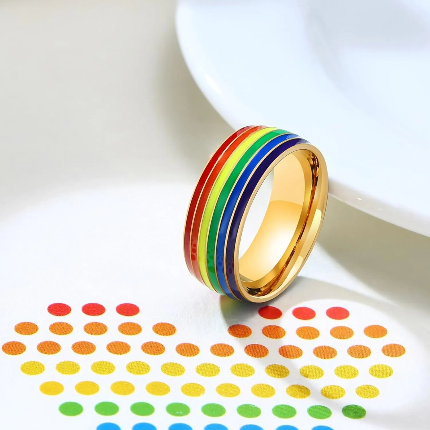 Women's Wedding Rings, Couples Stainless Steel Rings 2PCS Titanium 8mm Gold Lgbt Ring with Rainbow Enamel Size Women 7 Men 7 for Engagement Jewelry