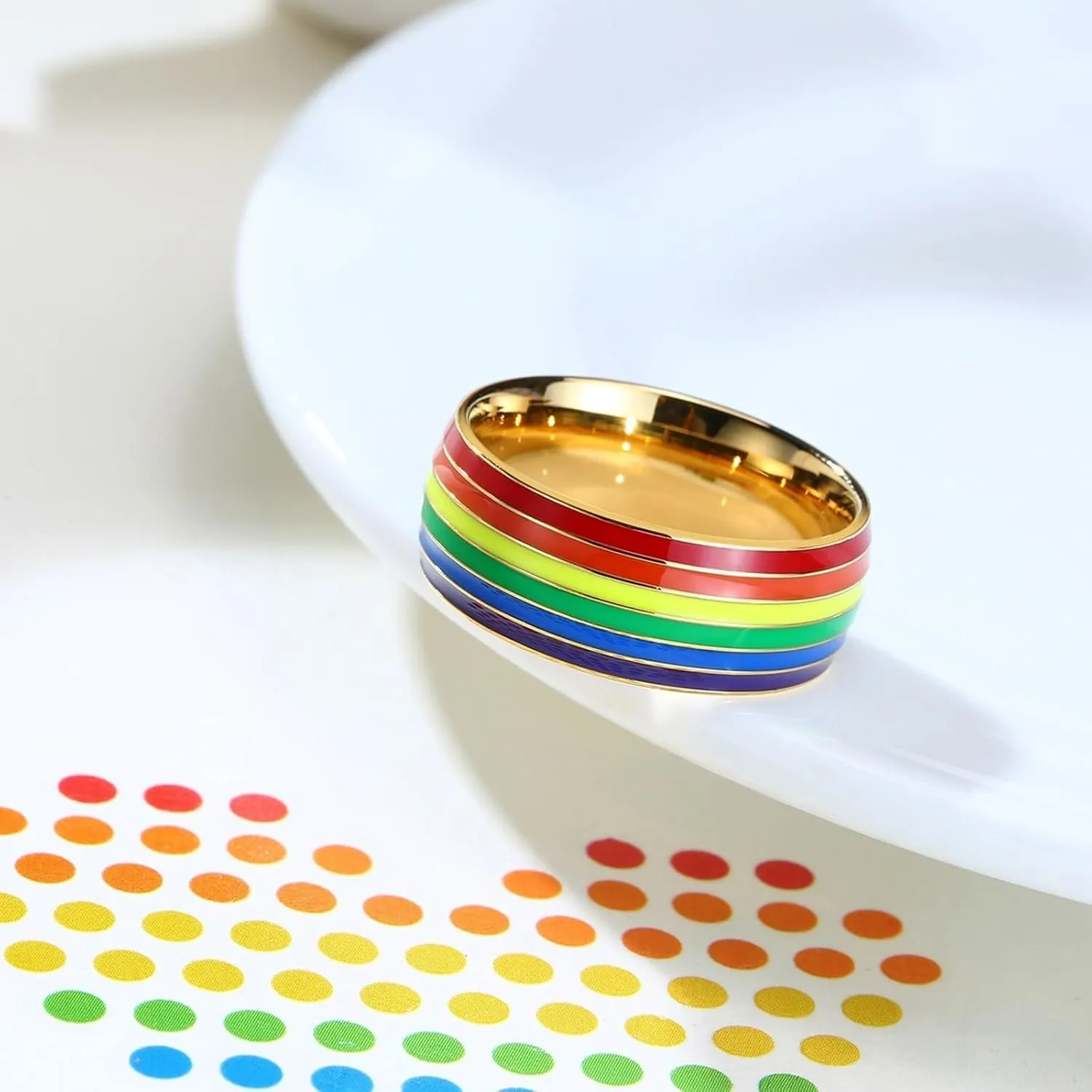 Women's Wedding Rings, Couples Stainless Steel Rings 2PCS Titanium 8mm Gold Lgbt Ring with Rainbow Enamel Size Women 7 Men 7 for Engagement Jewelry