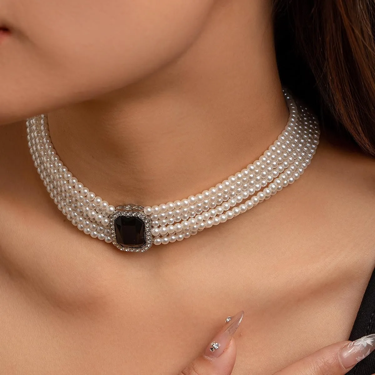 Xerling Vintage 1920s Faux Pearl Choker Necklaces Imitation Pearl Rhinestones Pendant Chains Bridal Wedding Jewelry Necklaces for Costume Party