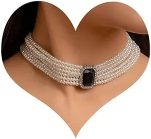 Xerling Vintage 1920s Faux Pearl Choker Necklaces Imitation Pearl Rhinestones Pendant Chains Bridal Wedding Jewelry Necklaces for Costume Party