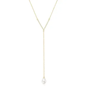 Y Necklace for Women Pearl Drop Necklaces with Freshwater Pearls, Sterling Silver Dainty Pearl Jewelry Elegant Simple Necklaces Wedding Gift