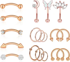 YACHY 18Pcs 16G Eyebrow Piercing Jewelry for Women Men, Rings Rook Earrings Curved Barbells Cartilage Daith Helix Tragus Body Piercings Belly Lip Ring