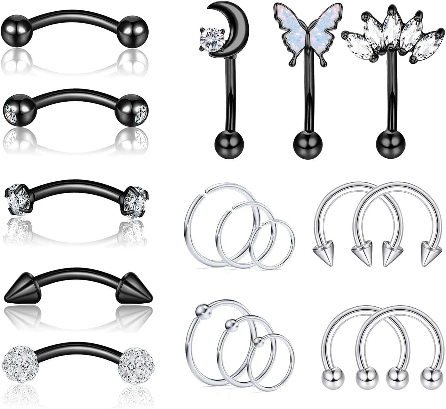 YACHY 18Pcs 16G Eyebrow Piercing Jewelry for Women Men, Rings Rook Earrings Curved Barbells Cartilage Daith Helix Tragus Body Piercings Belly Lip Ring