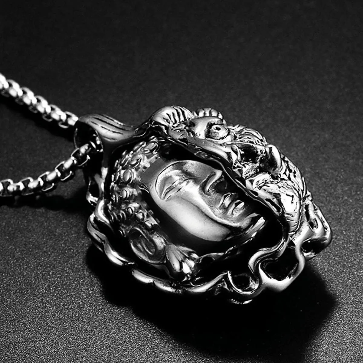 YUANXIN Half Buddha Half Devil Thought Domineering Necklace Personality Men Long Titanium Steel Pendant Women Retro Pendant Jewelry Accessories
