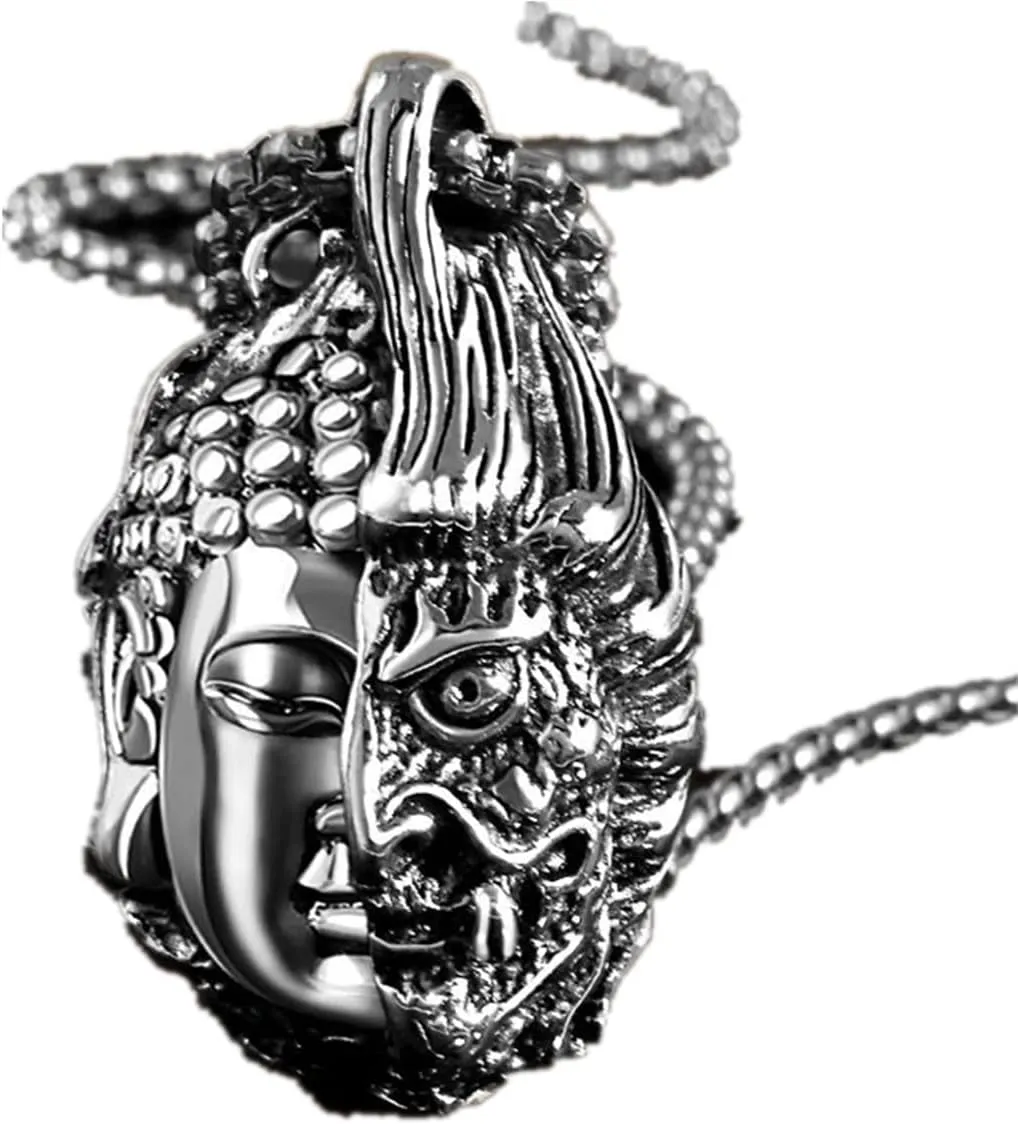 YUANXIN Half Buddha Half Devil Thought Domineering Necklace Personality Men Long Titanium Steel Pendant Women Retro Pendant Jewelry Accessories