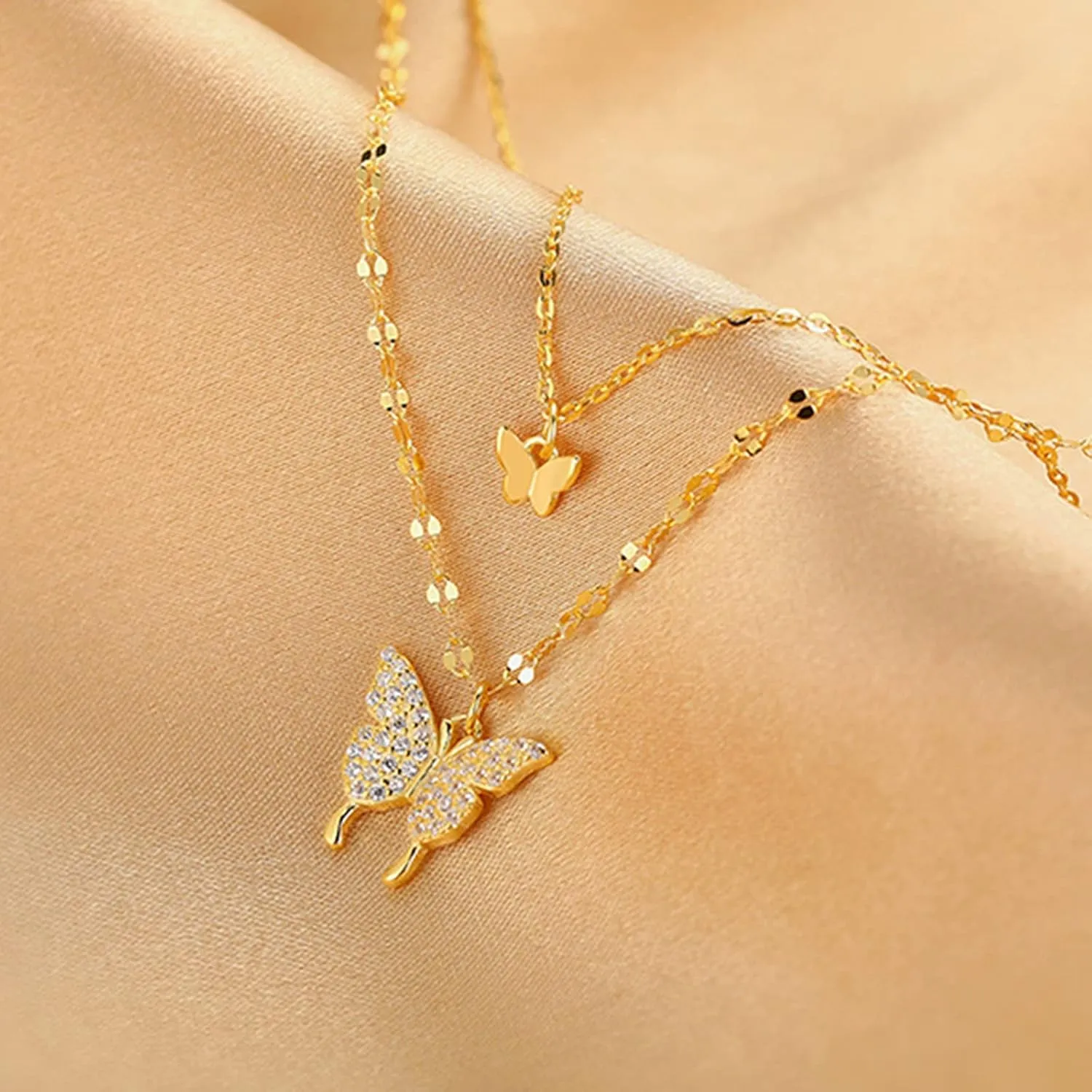 Zircon Butterfly Pendant Necklace for Women Clavicle Chain Double-Layer Necklace Wedding Necklaces (Gold, One Size)