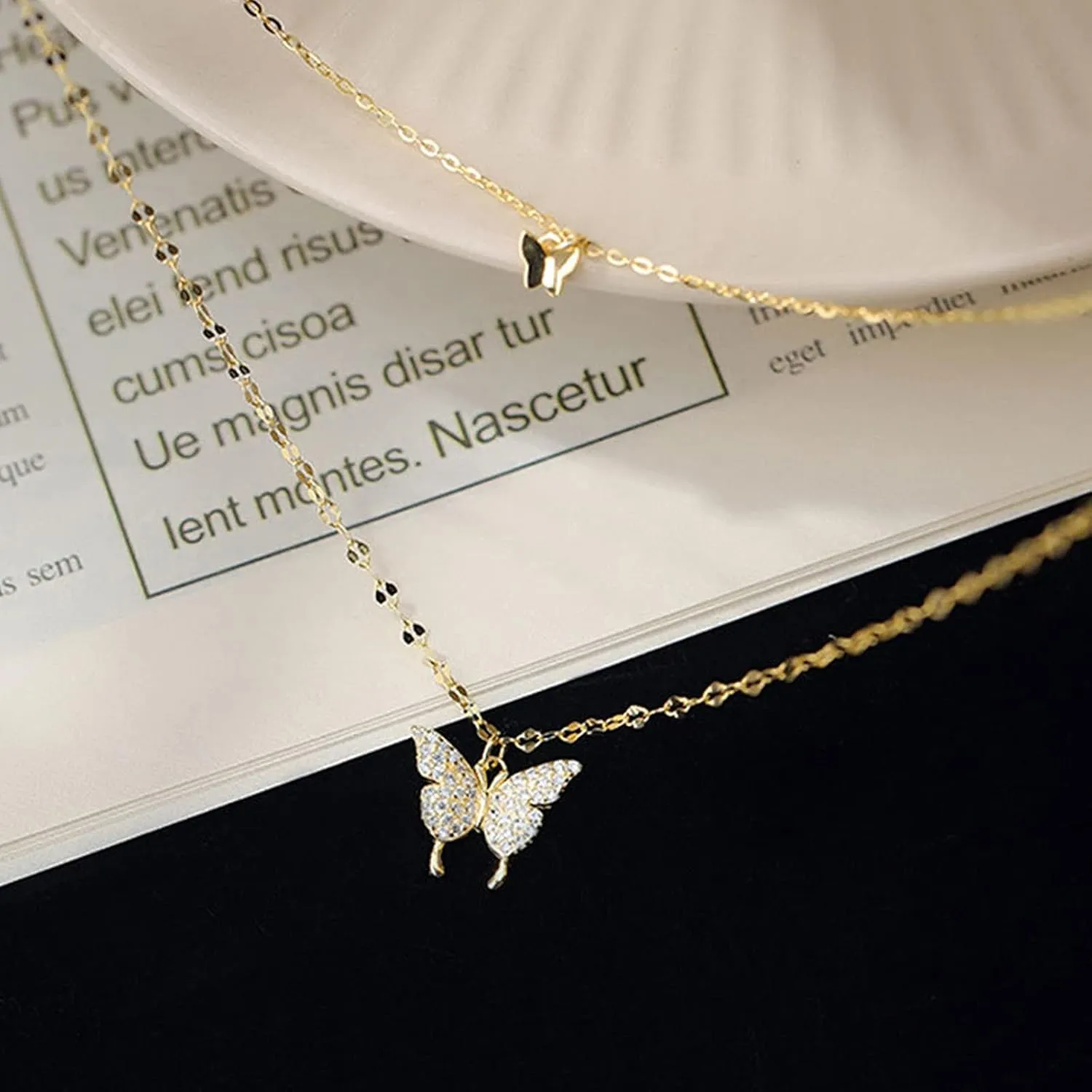 Zircon Butterfly Pendant Necklace for Women Clavicle Chain Double-Layer Necklace Wedding Necklaces (Gold, One Size)