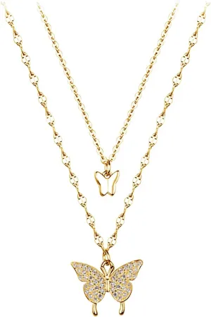 Zircon Butterfly Pendant Necklace for Women Clavicle Chain Double-Layer Necklace Wedding Necklaces (Gold, One Size)