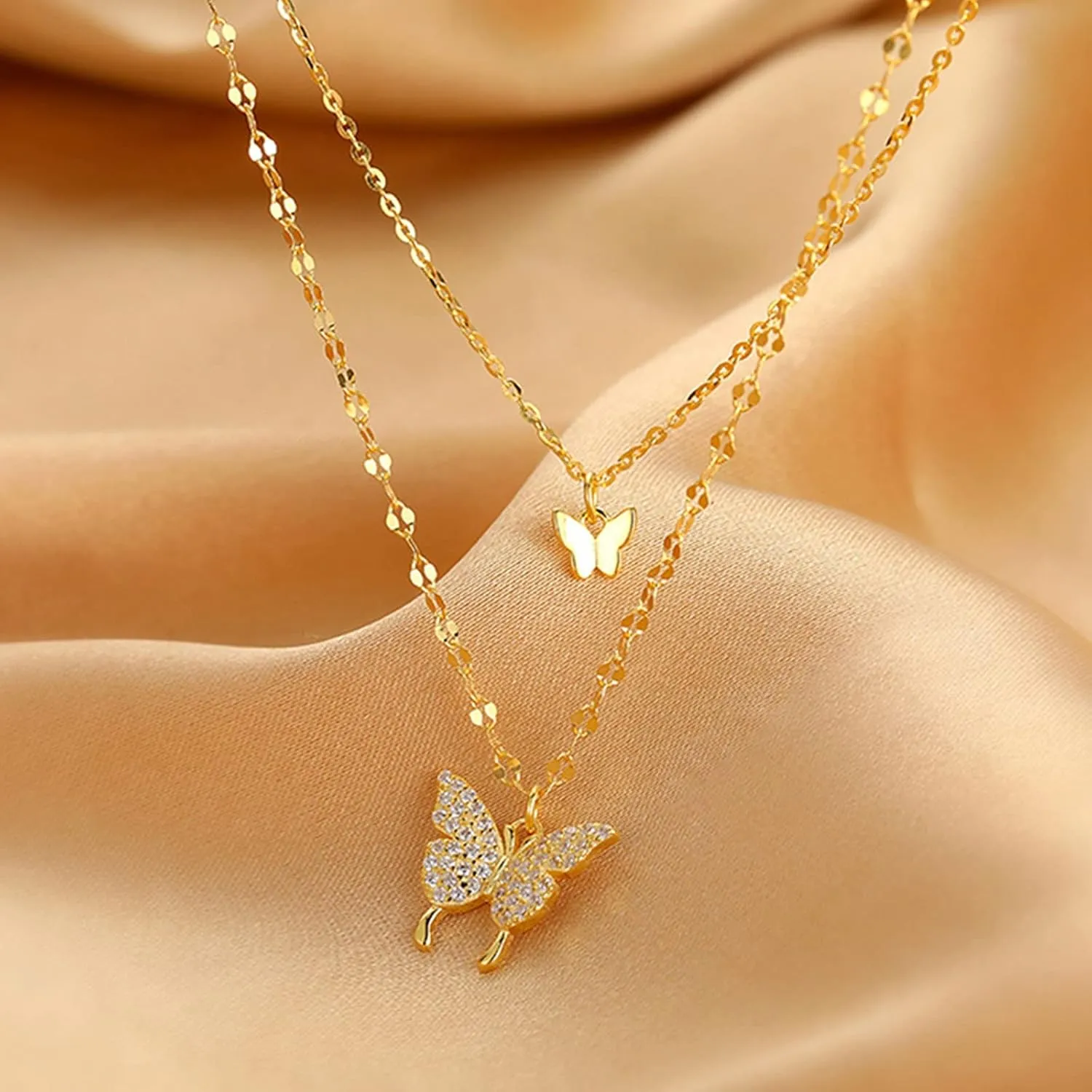 Zircon Butterfly Pendant Necklace for Women Clavicle Chain Double-Layer Necklace Wedding Necklaces (Gold, One Size)